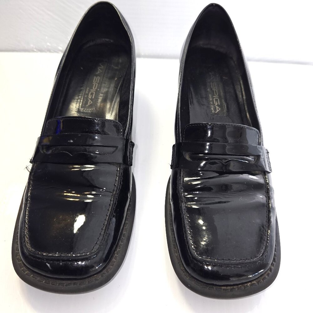 Via Spiga Women's Black Patent Leather Heeled Penny Loafers Size 9.5